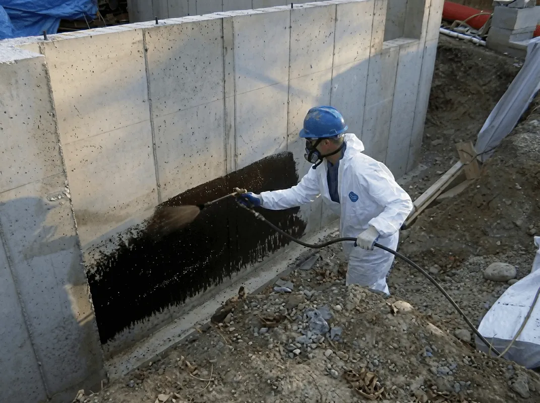 Professional waterproofing the exterior walls of the basement in Huntsville, AL