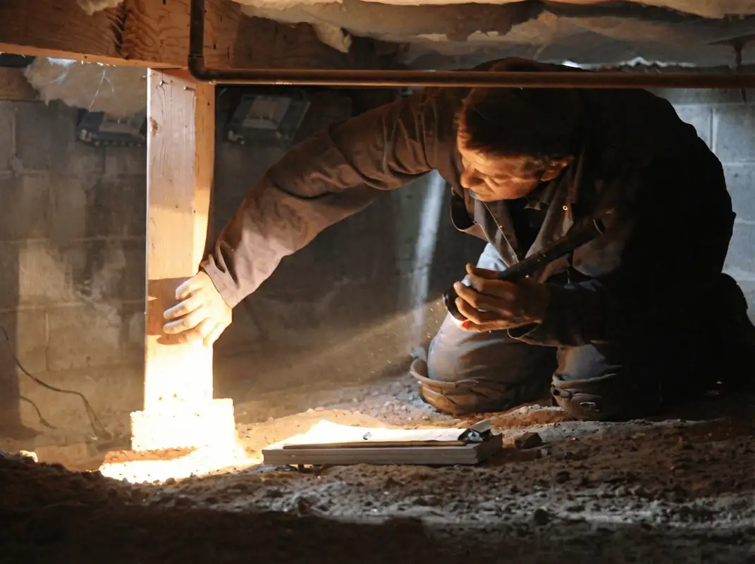 A professional inspecting wooden beams under the floor of a structure in Huntsville, AL